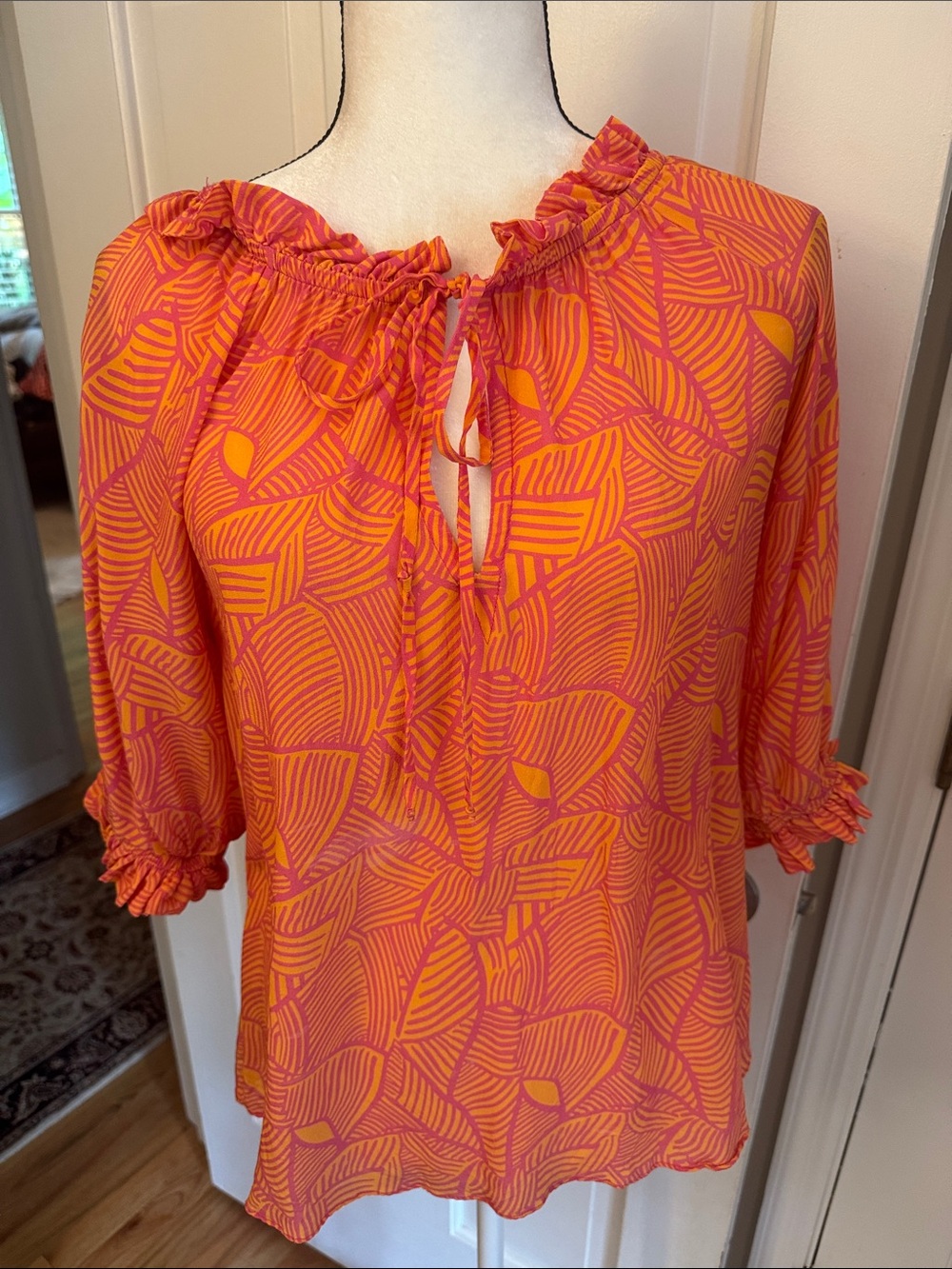 Analili Pink and Orange Ruffled Tie-Neck Blouse